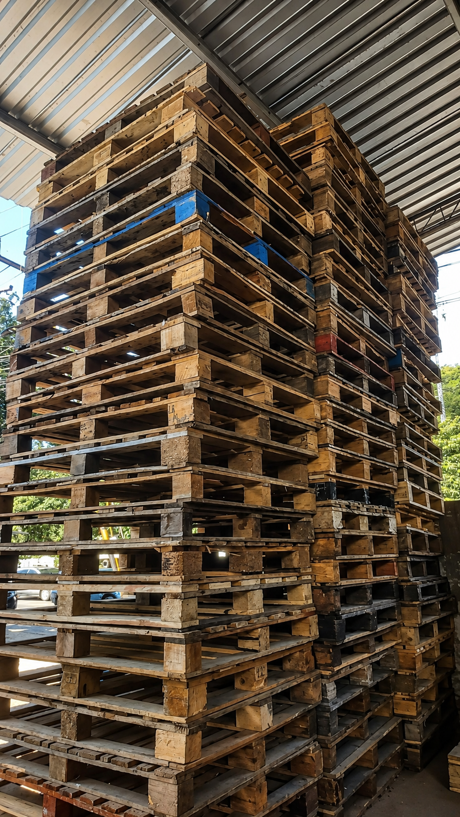 Torres de tarimas de madera recuperadas clasificadas en el patio