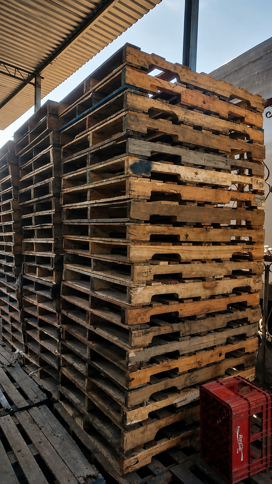 Estibas de tarimas de madera reparadas bajo techo en bodega